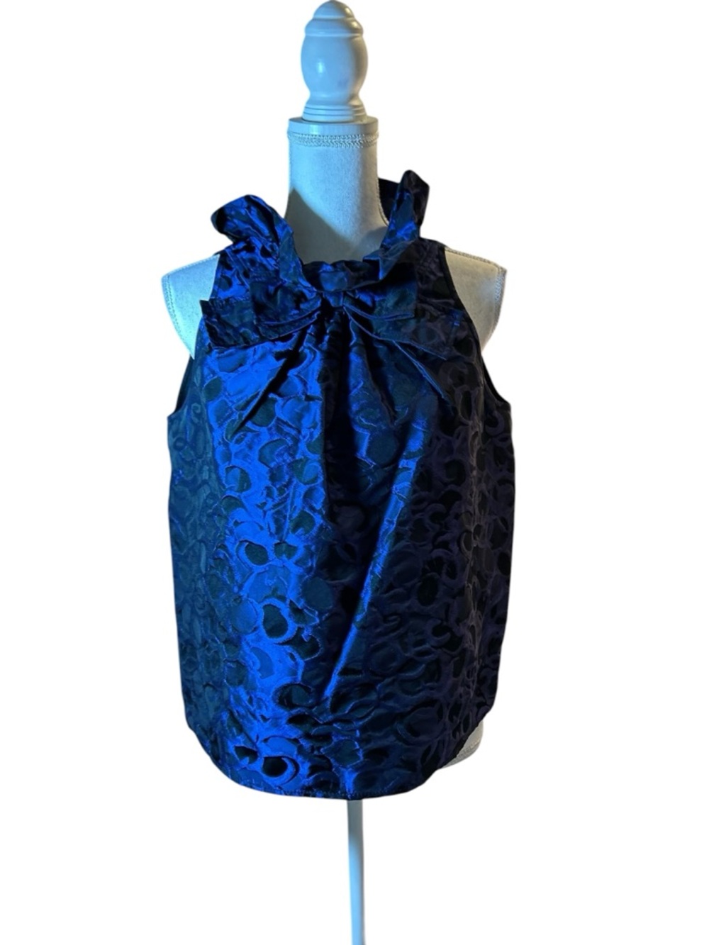 St. John Deep Blue Jacquard Bow Neck Party Sleeveless Top
